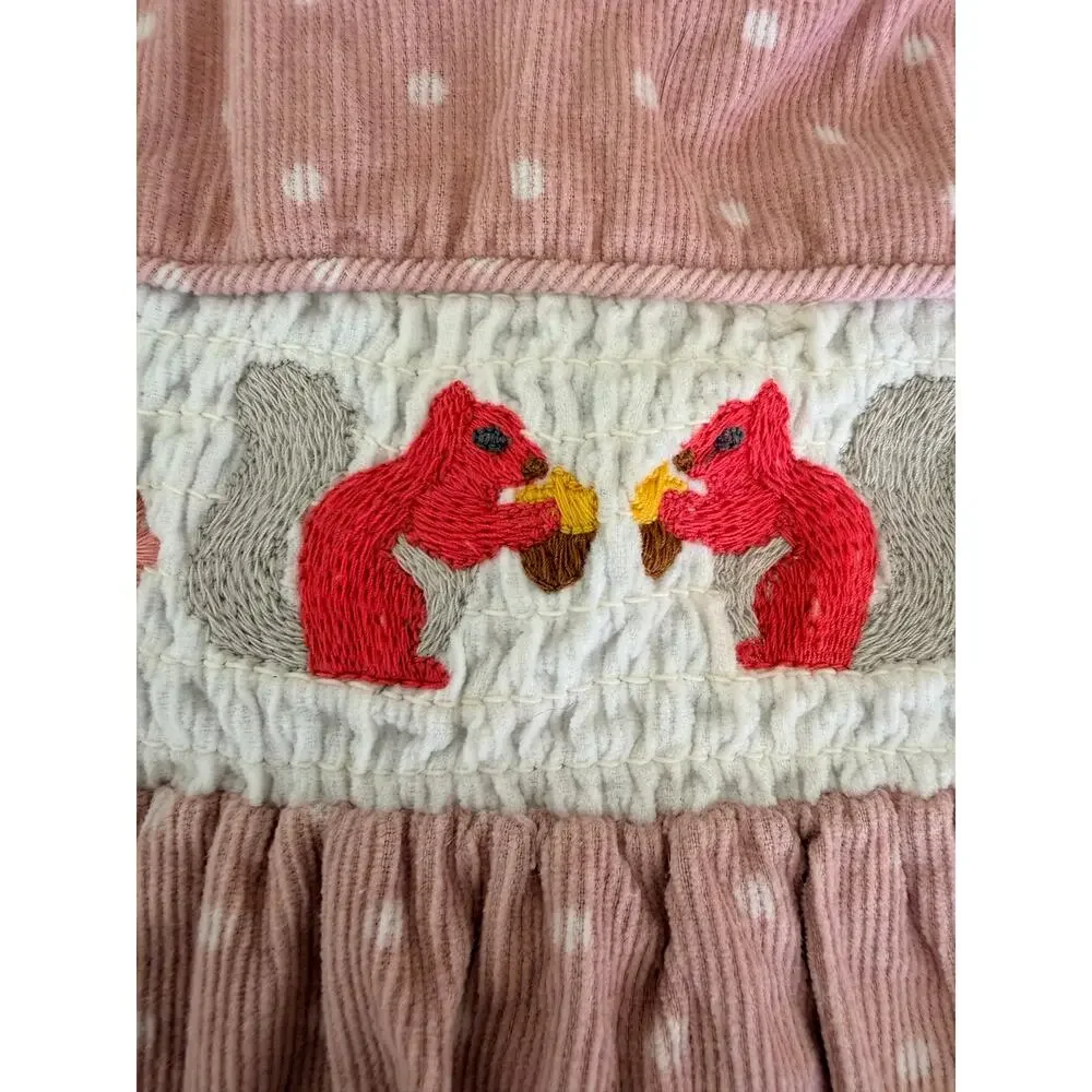 Baby Boden Pink Smocked Squirrel Corduroy Pinafore Dress 6-12M
